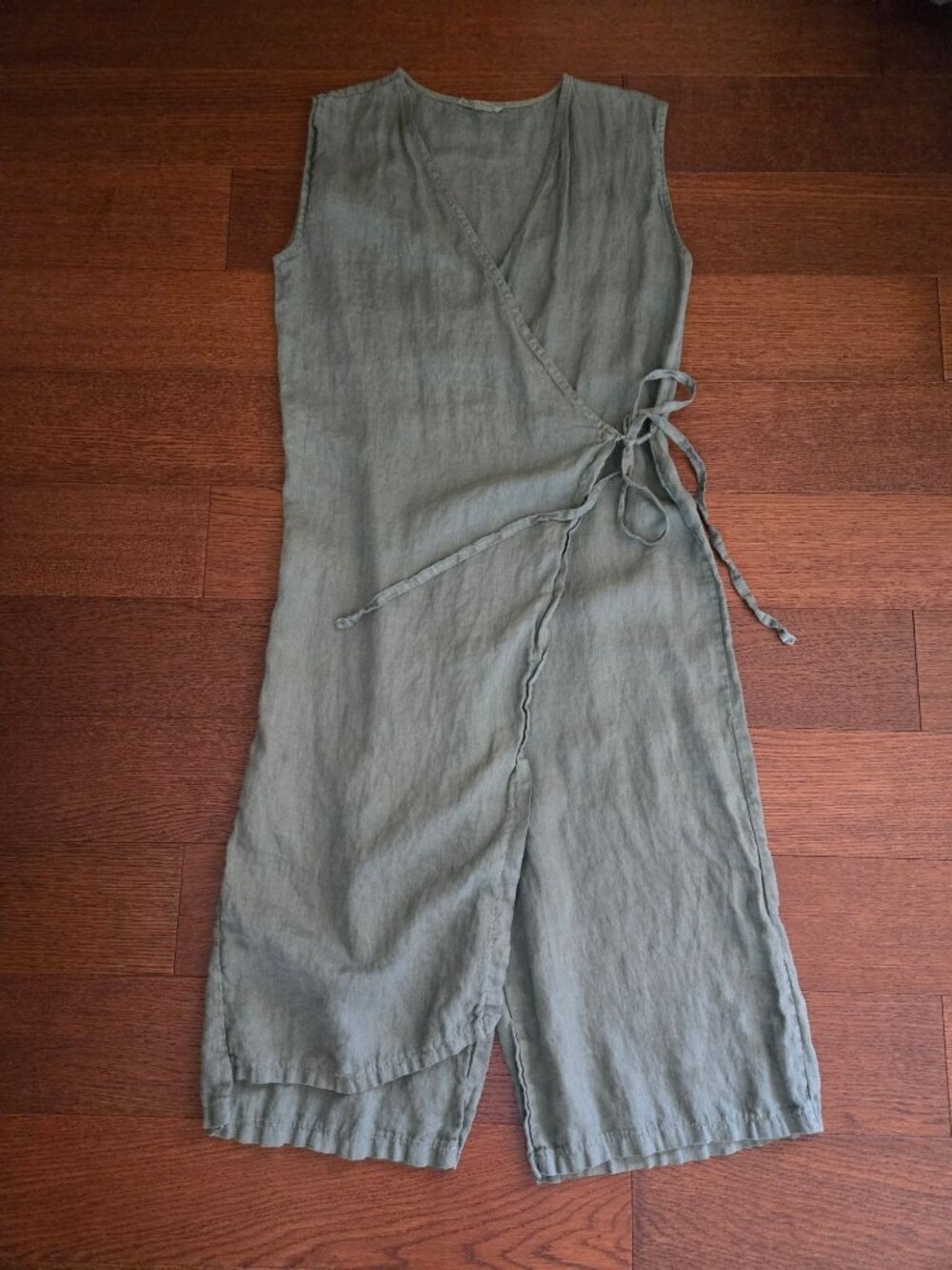 Meo Meli Green Italian Linen Wrap V-Neck Cropped Jumpsuit Women's Medium